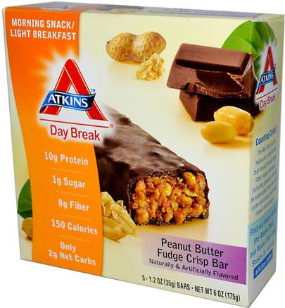 Day Break, Peanut Butter Fudge Crisp, 5 Bars, 1.2 oz (35 g) Each by Atkins-Kosttillskott, Näringsrika Barer, Atkins Dagavbrott