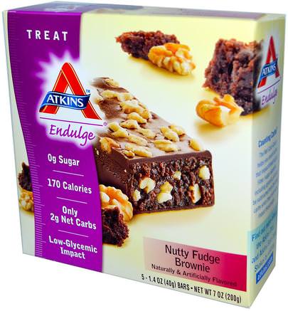 Endulge, Nutty Fudge Brownie, 5 Bars, 1.4 oz (40 g) Each by Atkins-Mat, Mellanmål, Hälsosam Mellanmål, Atkins Sluta