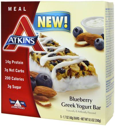 Greek Yogurt Bar, Blueberry, 5 Bars, 1.7 oz (48 g) Each by Atkins-Kosttillskott, Näringsmässiga Barer, Diet