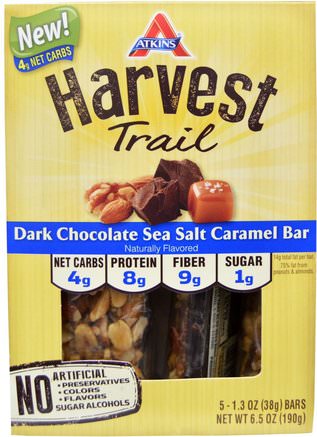 Harvest Trail, Dark Chocolate Sea Salt Caramel Bar, 5 Bars, 1.3 oz (38 g) Each by Atkins-Mat, Mellanmål, Hälsosam Tilltugg