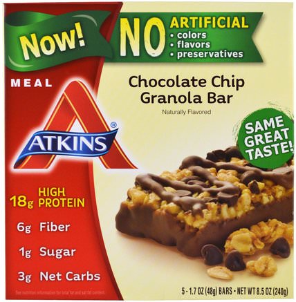 Meal, Chocolate Chip Granola Bar, 5 Bars, 1.7 oz (48 g) Each by Atkins-Mat, Snacks, Granola Barer, Hälsosam Tilltugg