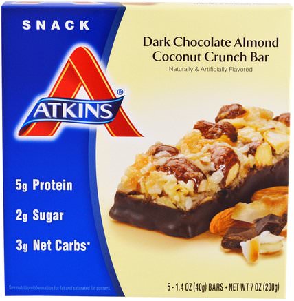 Snack, Dark Chocolate Almond Coconut Crunch Bar, 5 Bars, 1.4 oz (40 g) Each by Atkins-Mat, Snacks, Friska Snacks, Diet
