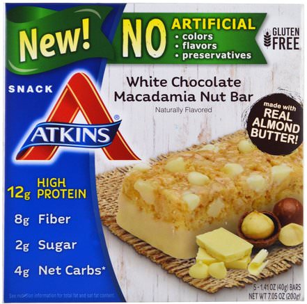 White Chocolate Macadamia Nut Bar, 5 Bars, 1.41 oz (40 g) Each by Atkins-Kosttillskott, Näringsrika Barer