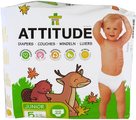 Diapers, Junior, Size 5, 27+ lbs (12+ kg), 22 Diapers by ATTITUDE-Barns Hälsa, Diapering, Engångsblöjor
