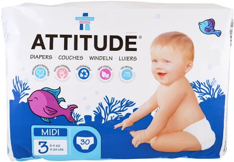 Diapers, Midi 3, 11-24 lbs (5-11 kg), 30 Diapers by ATTITUDE-Barns Hälsa, Diapering, Engångsblöjor