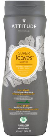 Super Leaves Science, Natural Shampoo & Body Wash, 2 in 1 Sport, Ginseng & Grape Seed Oil, 16 oz (473 ml) by ATTITUDE-Bad, Skönhet, Personlig Vård, Hår, Hårbotten, Hårvård
