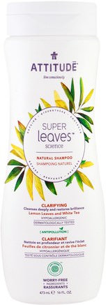 Super Leaves Science, Natural Shampoo, Clarifying, Lemon Leaves and White Tea, 16 oz (473 ml) by ATTITUDE-Bad, Skönhet, Hår, Hårbotten, Schampo, Balsam