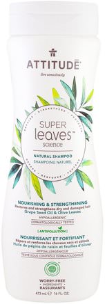 Super Leaves Science, Natural Shampoo, Nourishing & Strengthening, Grape Seed Oil & Olive Leaves, 16 oz (473 ml) by ATTITUDE-Bad, Skönhet, Hår, Hårbotten, Schampo, Balsam