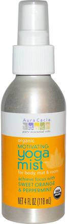 Organic Yoga Mist, Motivating, Sweet Orange & Peppermint, 4 fl oz (118 ml) by Aura Cacia-Hem, Luftfräschare Deodorizer, Bad, Doft Sprayer