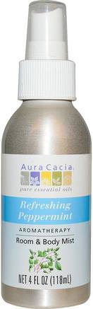 Room & Body Mist, Refreshing Peppermint, 4 fl oz (118 ml) by Aura Cacia-Hem, Luftfräschare Deodorizer, Bad, Kroppsvård