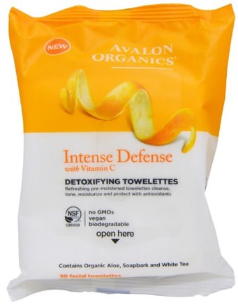 Intense Defense, With Vitamin C, Detoxifying Towelettes, 30 Facial Towelettes by Avalon Organics-Skönhet, Ansiktsvård, Ansiktsservetter