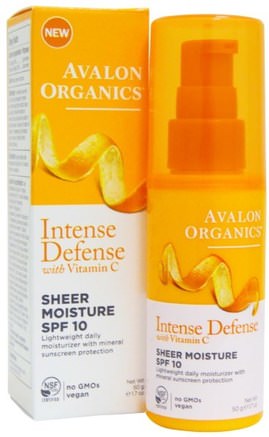 Intense Defense, With Vitamin C, Sheer Moisture, SPF 10, 1.7 oz (50 g) by Avalon Organics-Skönhet, Ansiktsvård, Krämer Lotioner, Serum, Spf Ansiktsvård