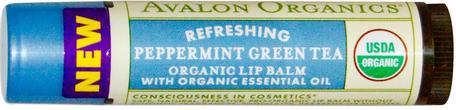 Organic Lip Balm, Peppermint Green Tea.15 oz (4.2 g) by Avalon Organics-Bad, Skönhet, Läppvård, Läppbalsam