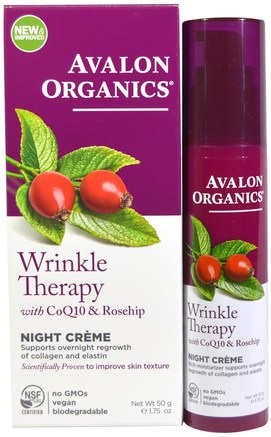 Wrinkle Therapy, With CoQ10 & Rosehip, Night Creme, 1.75 oz (50 g) by Avalon Organics-Skönhet, Ansiktsvård, Krämer Lotioner, Serum, Coq10 Hud