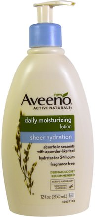 Active Naturals, Daily Moisturizing Lotion, Sheer Hydration, Fragrance Free, 12 fl oz (350 ml) by Aveeno-Dagliga Fuktgivande, Bad, Skönhet, Kroppslotion