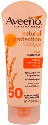 Natural Protection, Sunscreen Lotion SPF 50, for Sensitive Skin, Fragrance Free, 3 oz (85 g) by Aveeno-Skönhet, Bad, Solskyddsmedel