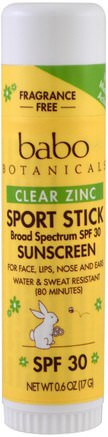 Clear Zinc, Sport Stick Sunscreen, SPF 30, Fragrance Free, 0.6 oz (17 g) by Babo Botanicals-Bad, Skönhet, Läppvård, Läppsolskydd
