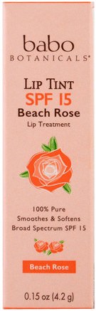 Lip Tint Balm, SPF 15, Beach Rose, 0.15 oz (4.2 g) by Babo Botanicals-Bad, Skönhet, Läppvård, Läppsolskydd, Läppstift, Glans, Liner