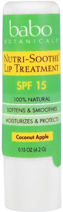 Nutri-Soothe Lip Treatment, SPF 15, Coconut Apple, 0.15 oz (4.2 g) by Babo Botanicals-Skönhet, Ansiktsvård, Spf Ansiktsvård, Bad, Läppvård