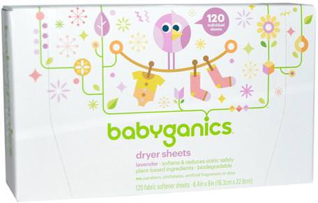 Dryer Sheets, Lavender, 120 Fabric Softener Sheets by BabyGanics-Hem, Tvätt, Tygmjukmedel