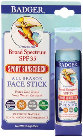 All Season Face Stick, Sport Sunscreen, SPF 35, Unscented.65 oz (18.4 g) by Badger Company-Hälsa, Hudvård, Bad, Skönhet, Solskyddsmedel, Spf 30-45