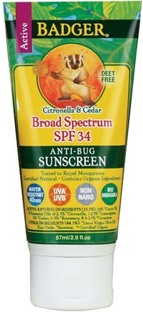 Anti-Bug Sunscreen, Broad Spectrum SPF 34, 2.9 fl oz (87 ml) by Badger Company-Hälsa, Hudvård, Bad, Skönhet, Solskyddsmedel