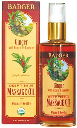 Deep Tissue Massage Oil, Ginger with Arnica & Cayenne, 4 fl oz (118 ml) by Badger Company-Hälsa, Hudvård, Massageolja