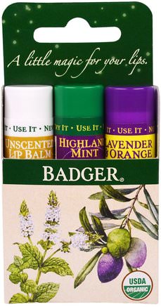 Lip Balm Gift Set, Green Box, 3 Pack.15 oz (4.2 g) Each by Badger Company-Bad, Skönhet, Presentuppsättningar, Läppvård