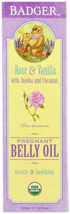 Organic Pregnant Belly Oil, Rose & Vanilla, 4 fl oz (118 ml) by Badger Company-Hälsa, Hud, Sträckmärken Ärr, Graviditet