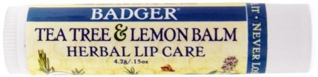 Tea Tree & Lemon Balm Herbal Lip Care, .15 oz (4.2 g) by Badger Company-Bad, Skönhet, Läppvård, Läppbalsam
