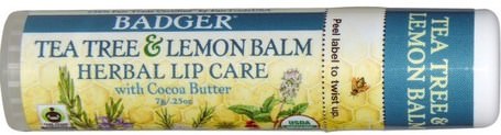 Tea Tree & Lemon Balm Herbal Lip Care with Cocoa Butter, .25 oz (7 g) by Badger Company-Bad, Skönhet, Läppvård, Läppbalsam