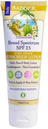 Zinc Oxide Sunscreen Lotion, Broad Spectrum SPF 25, Unscented, 4 fl oz (118 ml) by Badger Company-Hälsa, Hudvård, Bad, Skönhet, Solskyddsmedel, Spf 05-25