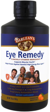 Eye Remedy, Tangerine Smoothie, 16 oz (454 g) by Barleans-Kosttillskott, Antioxidanter, Lutein, Efa Omega 3 6 9 (Epa Dha)
