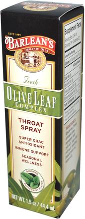 Fresh Olive Leaf Complex, Throat Spray, Soothing Peppermint Flavor, 1.5 oz (44.4 ml) by Barleans-Kosttillskott, Antioxidanter, Kall Influensa Och Viral, Olivblad