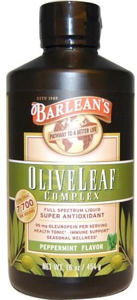 Olive Leaf Complex, Peppermint Flavor, 16 oz (454 g) by Barleans-Kosttillskott, Antioxidanter, Kall Influensa Och Viral, Olivblad
