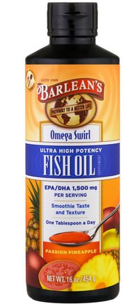 Omega Swirl, Ultra High Potency Fish Oil, Passion Pineapple, 16 oz (454 g) by Barleans-Kosttillskott, Efa Omega 3 6 9 (Epa Dha), Flytande Fiskolja