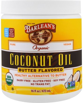 Organic Coconut Oil, Butter Flavored, 16 fl oz (473 ml) by Barleans-Mat, Kokosolja, Matoljor Vin Och Ättika