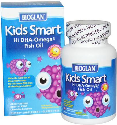 Kids Smart, Hi DHA-Omega 3 Fish Oil, Berry Flavor, 30 Chewable Burstlets by Bioglan-Kosttillskott, Efa Omega 3 6 9 (Epa Dha), Kosttillskott Barn