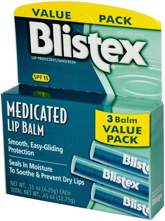 Medicated Lip Balm, Lip Protectant/Sunscreen, SPF 15, 3 Balm Value Pack.15 oz (4.25 g) Each by Blistex-Bad, Skönhet, Läppvård, Blistex Medicinerad, Läppsolskydd