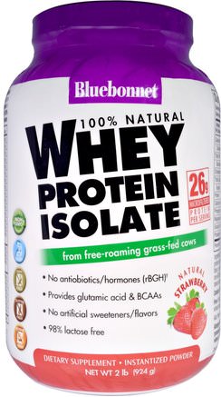 100% Natural, Whey Protein Isolate, Natural Strawberry, 2 lbs (924 g) by Bluebonnet Nutrition-Kosttillskott, Protein