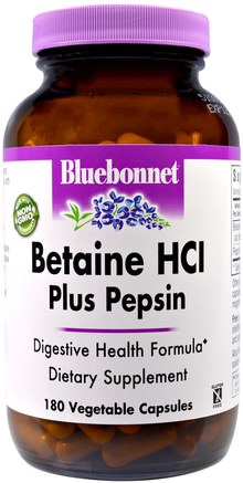Betaine HCl, Plus Pepsin, 180 Veggie Caps by Bluebonnet Nutrition-Kosttillskott, Betainhcl, Matsmältningsenzymer