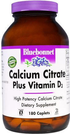 Calcium Citrate, Plus Vitamin D3, 180 Caplets by Bluebonnet Nutrition-Kosttillskott, Mineraler, Kalcium