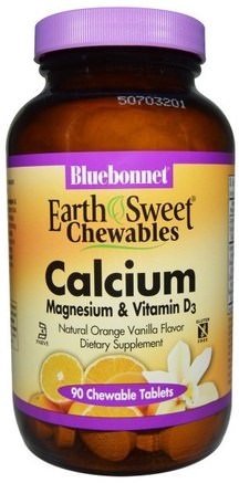 Calcium, Magnesium & Vitamin D3, Orange Vanilla, 90 Chewable Tablets by Bluebonnet Nutrition-Kosttillskott, Mineraler, Kalcium Och Magnesium, Tuggbar Kalcium