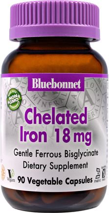 Chelated Iron, 18 mg, 90 Veggie Caps by Bluebonnet Nutrition-Kosttillskott, Aminosyror, Mineraler, Järn