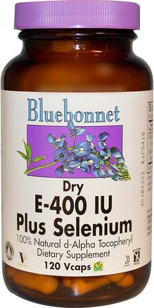 Dry E-400 IU, Plus Selenium, 120 Vcaps by Bluebonnet Nutrition-Kosttillskott, Antioxidanter, Selen, Vitamin E + Selen, Vitaminer