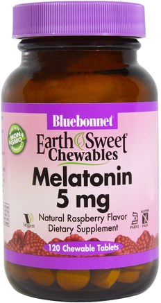 Earth Sweet Chewables, Melatonin, Natural Raspberry Flavor, 5 mg, 120 Chewable Tablets by Bluebonnet Nutrition-Tillskott, Melatonin 5 Mg