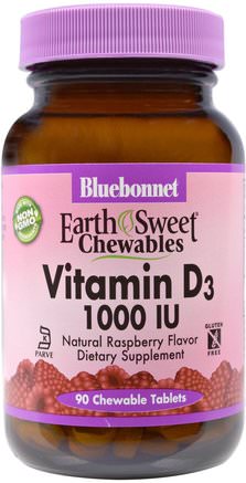 Earth Sweet Chewables, Vitamin D3, 1000 IU, Natural Raspberry Flavor, 90 Chewable Tablets by Bluebonnet Nutrition-Vitaminer, Vitamin D3