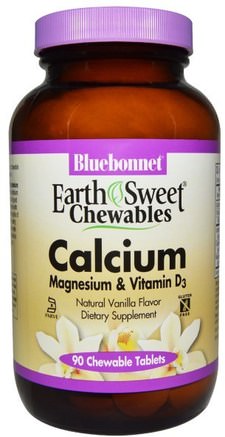 EarthSweet Chewables, Calcium, Magnesium & Vitamin D3, Vanilla, 90 Tablets by Bluebonnet Nutrition-Kosttillskott, Mineraler, Kalcium Och Magnesium, Tuggbar Kalcium