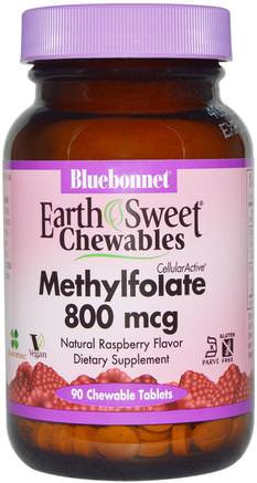 EarthSweet Chewables, CellularActive Methylfolate, Natural Raspberry Flavor, 800 mcg, 90 Chewable Tablets by Bluebonnet Nutrition-Vitaminer, Folsyra