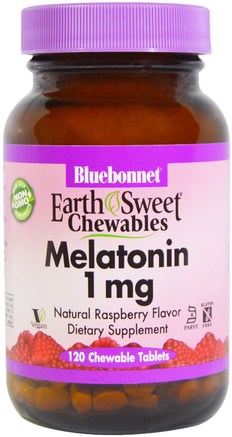 EarthSweet Chewables, Melatonin, Natural Raspberry Flavor, 1 mg, 120 Chewable Tablets by Bluebonnet Nutrition-Kosttillskott, Melatonin 1 Mg